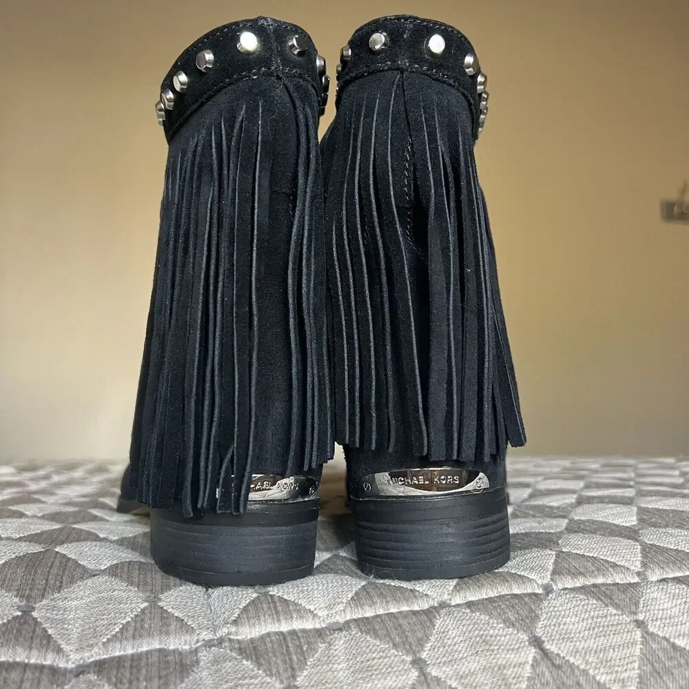 Michael Kors Silver Studded Black Suede Boots Fringe Western Cowgirl Women 8.5 - Picture 7 of 16